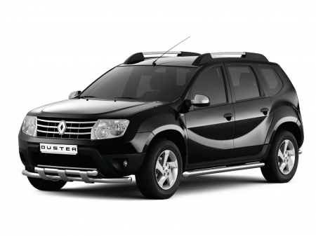 Защита переднего бампера двойная с пластинами d63/63мм Renault Duster (нерж)